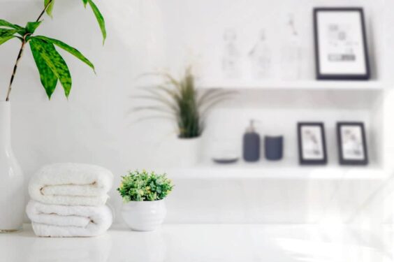 Mockup Bath Towels Wooden Table White Room With Copy Space 1024x684