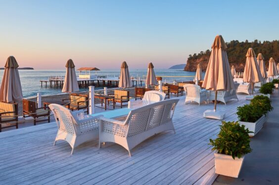 Scenic View Sandy Beach Beach With Sun Beds Umbrellas Open Against Sea Mountains Hotel Resort Tekirova Kemer Turkey